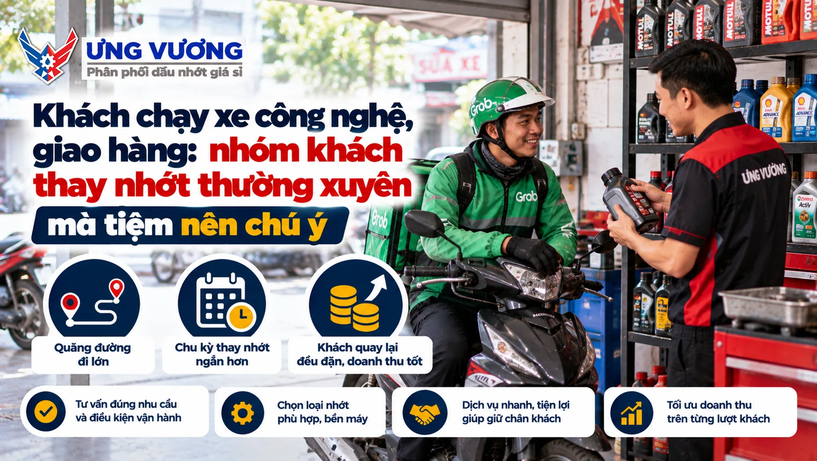 Khách chạy xe công nghệ, giao hàng: nhóm khách thay nhớt thường xuyên mà tiệm nên chú ý