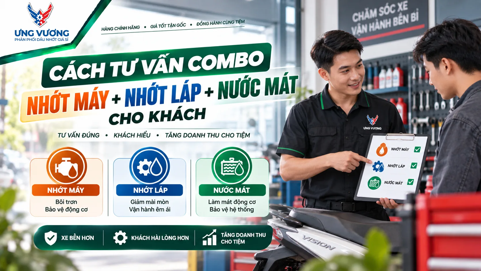 Cách Tư Vấn Combo Nhớt Máy + Nhớt Láp + Nước Mát Cho Khách